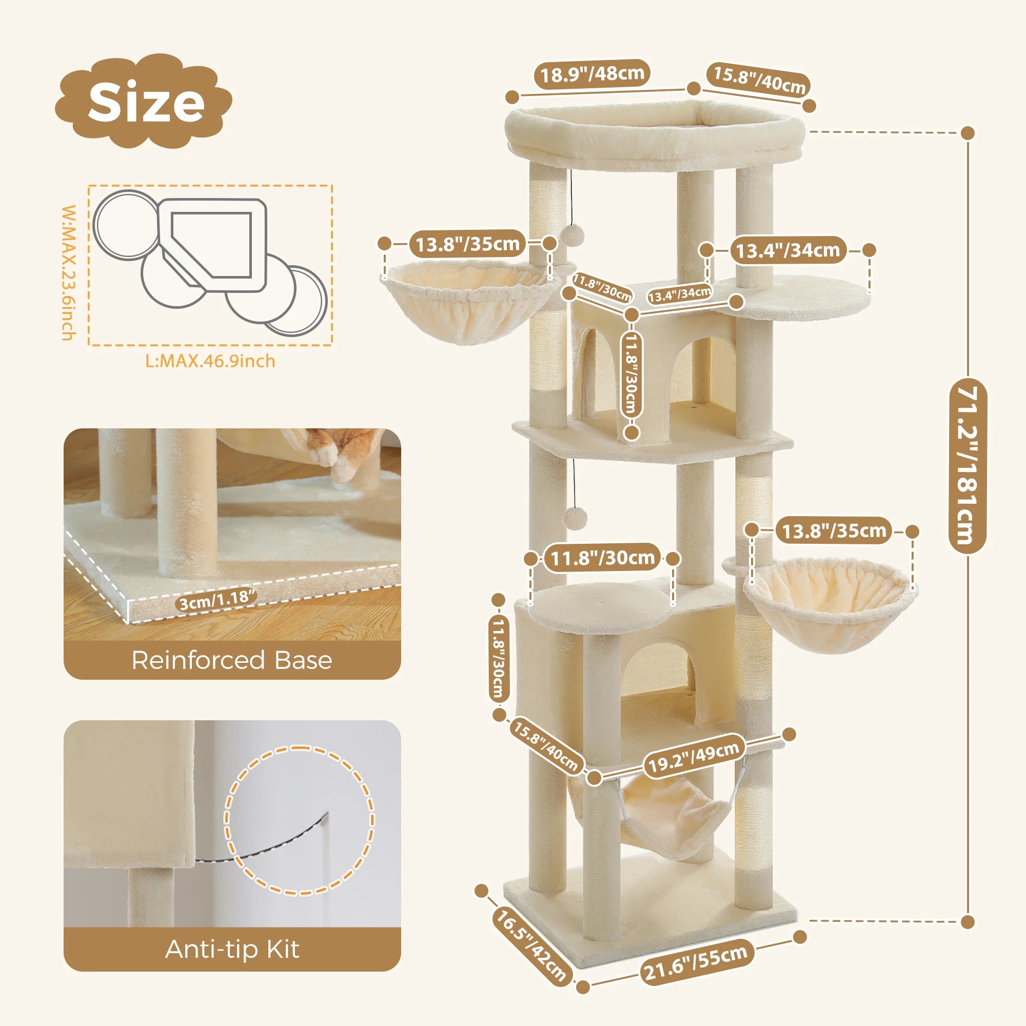 Stabiler Katzen-Kletterturm mit Hängematte & Liegeflächen