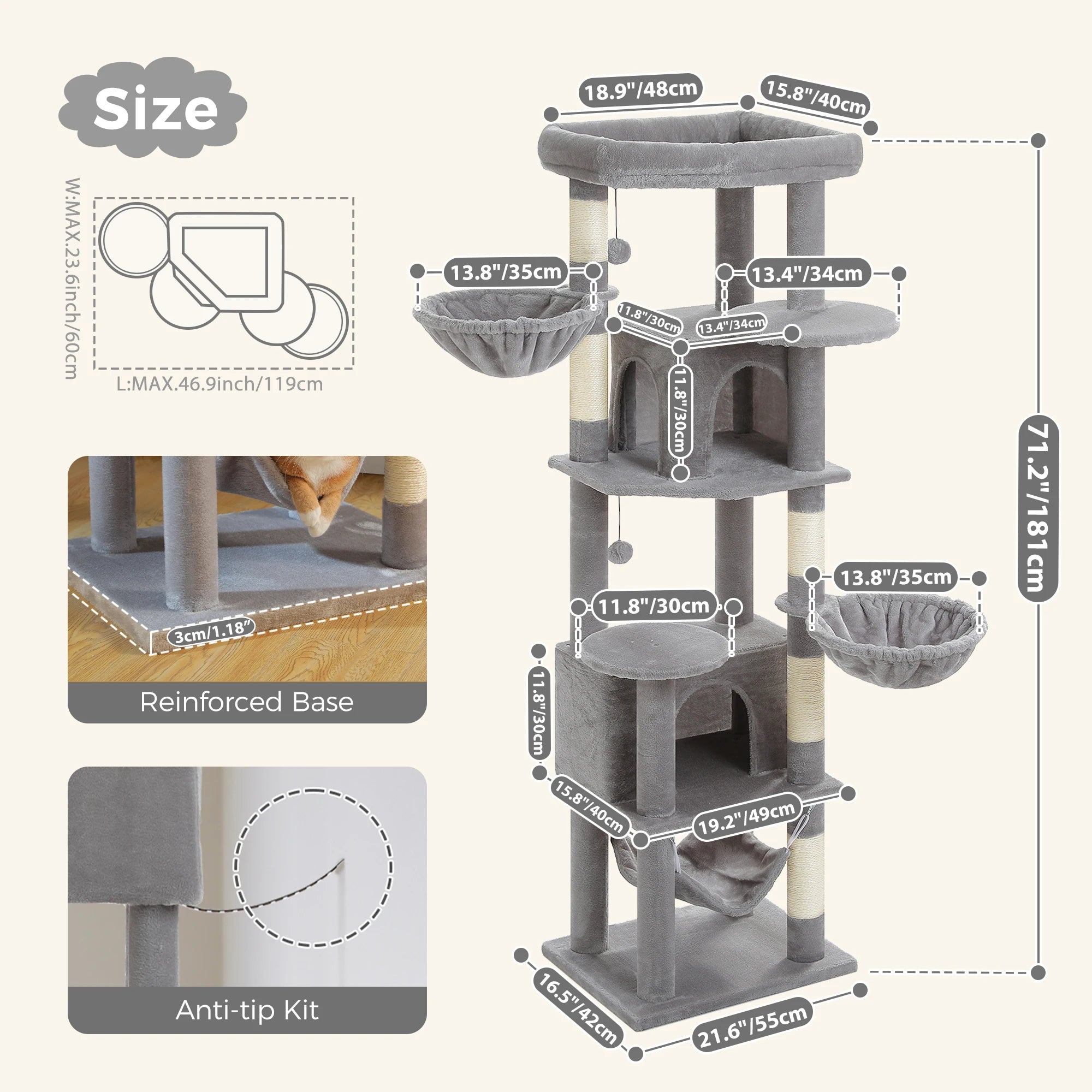 Stabiler Katzen-Kletterturm mit Hängematte & Liegeflächen